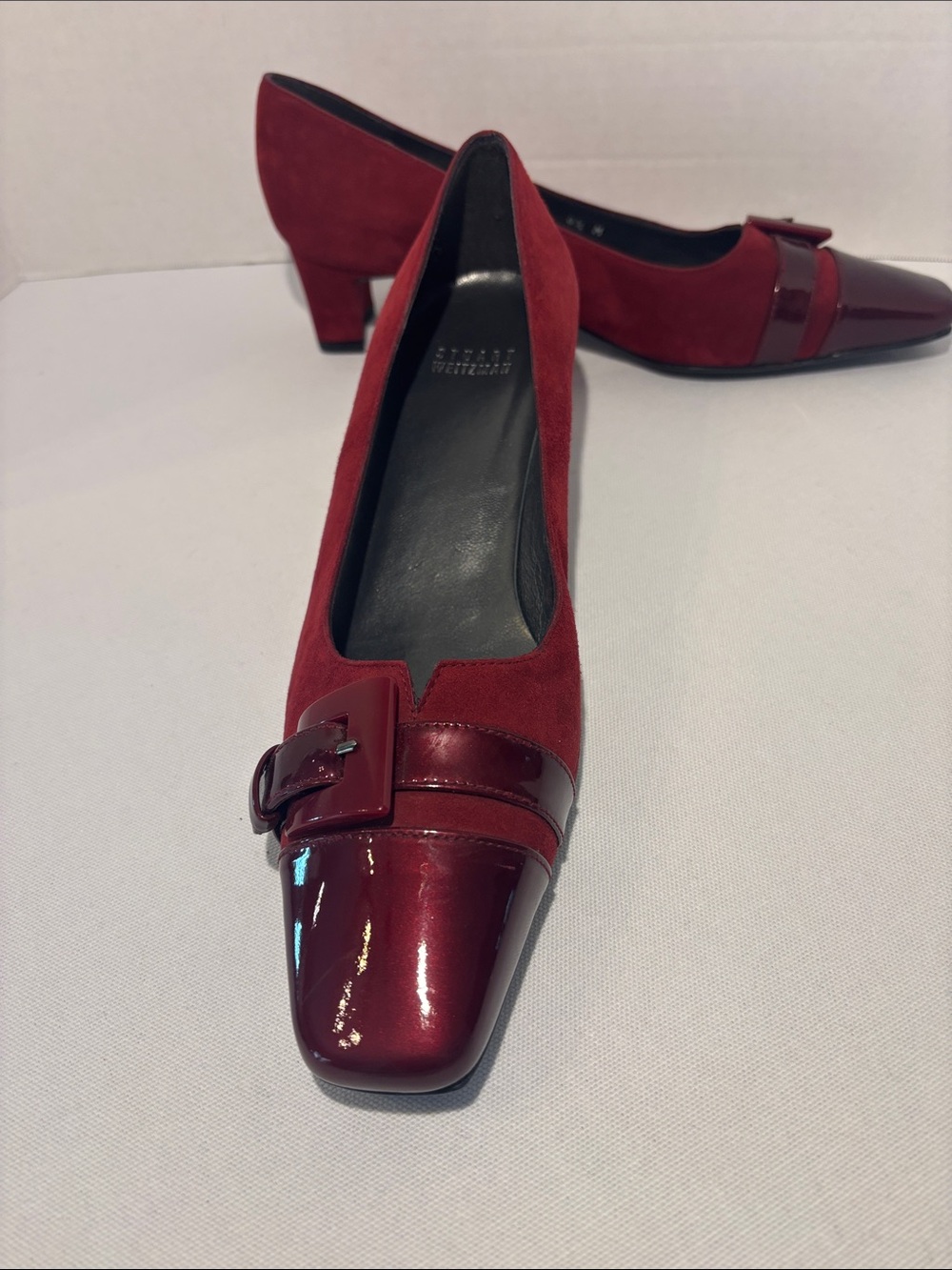 Stuart Weitzman Burgundy Suede & Patent Leather Front and Buckle Heel Pumps. 8.5